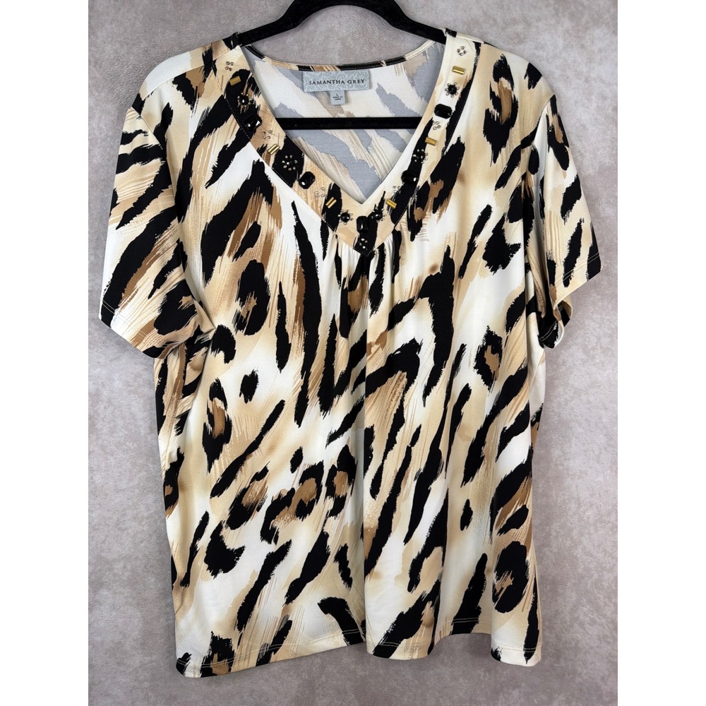 Samantha Grey Top Womens Large Tan‎ Black Tiger Animal Print Embellished V-Neck